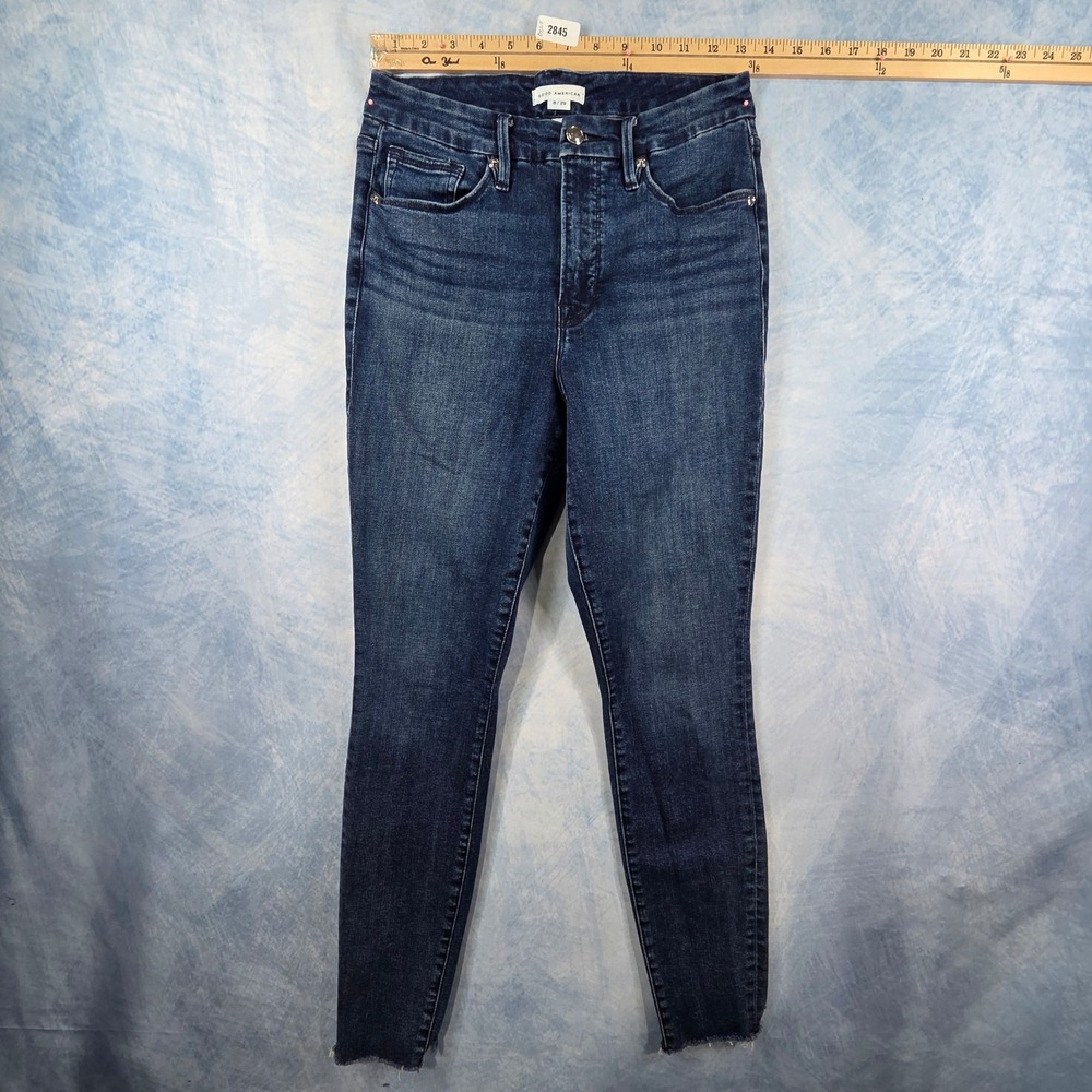 Good American Good Legs High Rise Skinny Jeans Raw Hem Dark Wash Size 8/29‎